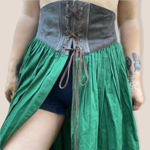 Hunter green over skirt with leather corset belt by The Pyramid Collection